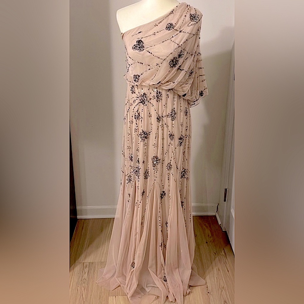 Adrianna Papell Blush and Black Floral Gown